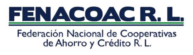 Logotipo de la Federación Nacional de Cooperativas de Ahorro y Crédito R.L., con las siglas 'FENACOAC R.L.' en letras grandes y en mayúscula sobre un fondo blanco. Debajo, el nombre completo 'Federación Nacional de Cooperativas de Ahorro y Crédito R.L.' está escrito en una fuente más pequeña y en color azul oscuro.