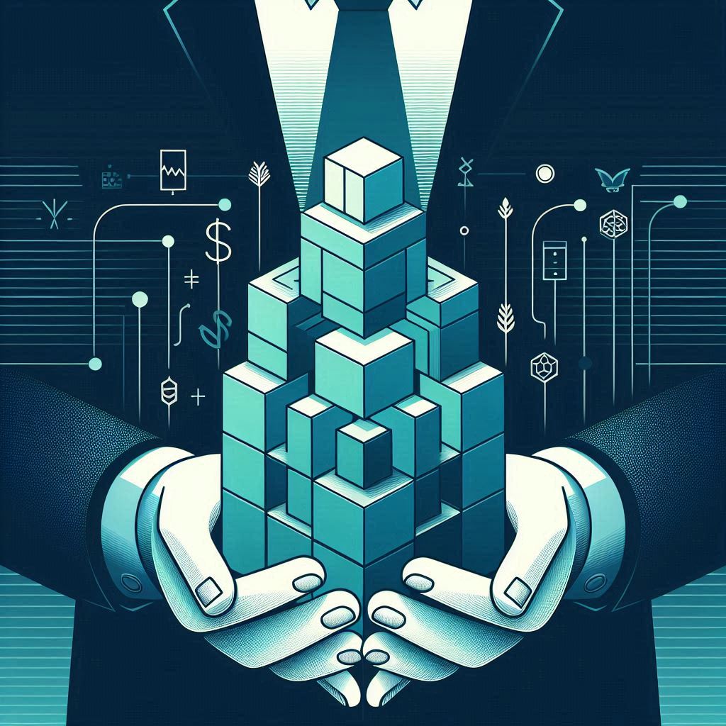 Manos sosteniendo una estructura tridimensional similar a Tetris, compuesta por varios cubos azules, con elementos gráficos de engranajes, gráficos y iconos de dinero y tecnología en el fondo.