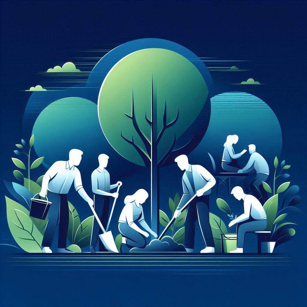 Ilustración de seis personas colaborando en actividades de plantación y jardinería de árboles, con un fondo azul oscuro y un árbol verde prominente.